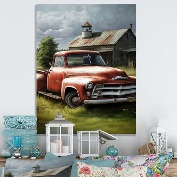 Orange Vintage Truck At The Barn - Car Old American Canvas Wall Art